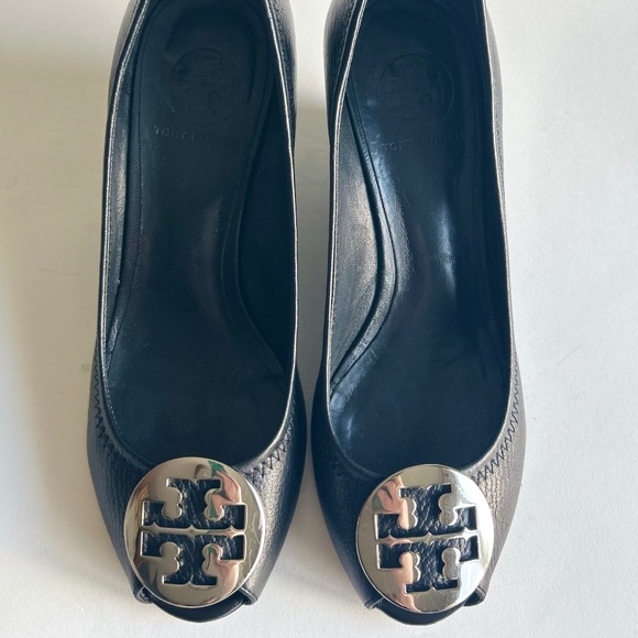 Tory Burch Black Pebble Genuine Leather Open Toe Heel Wedges size 7.5 - Picture 4 of 16